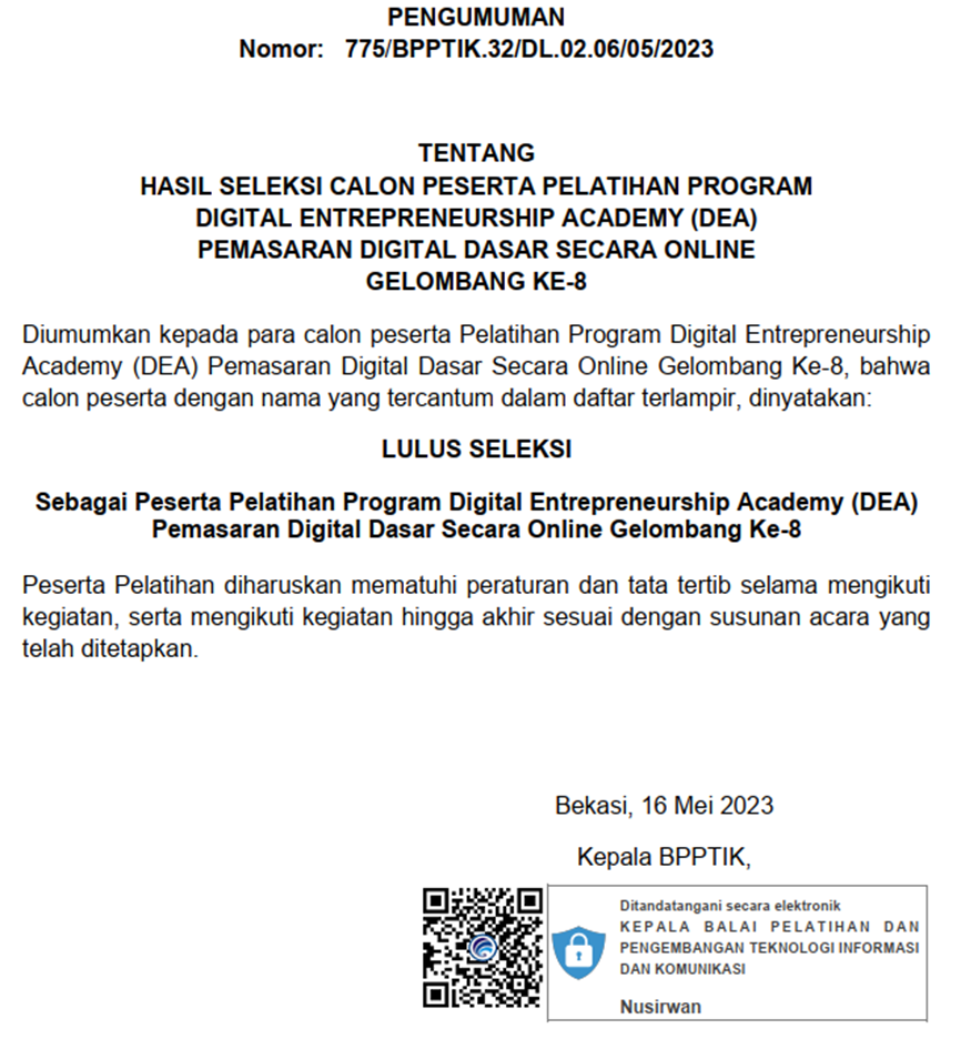Peserta Lolos Seleksi Administrasi - My Digital Academy 2023